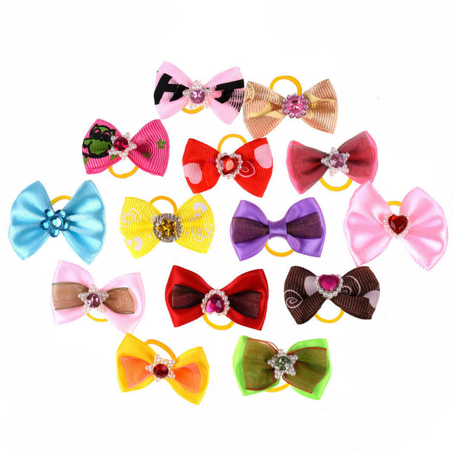 Blovi Bows Happy 25 pcs - colorful bows for dogs, on elastic, mix of patterns, colors, and stones.