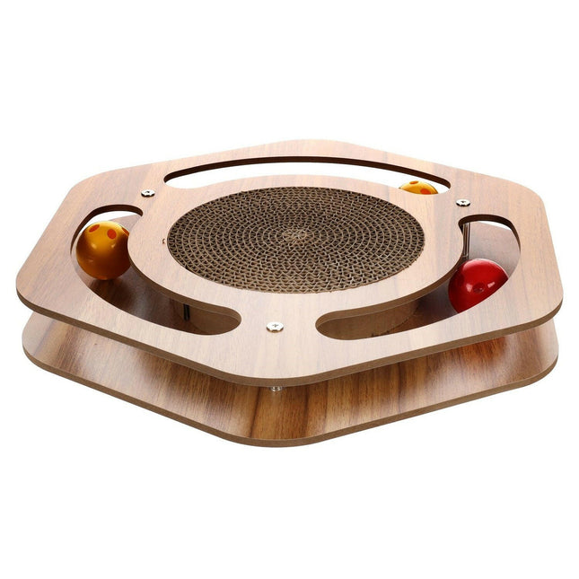 Flamingo Cat Scratching Hexagon - toy for cats with a cardboard scratching post, balls, and catnip, hexagonal shape.