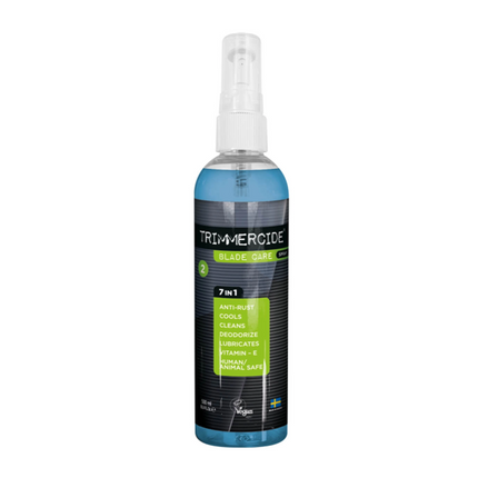 Trimmercide Blade Care Spray 7in1 - cleaning and care product for clipper blades, in a spray bottle.