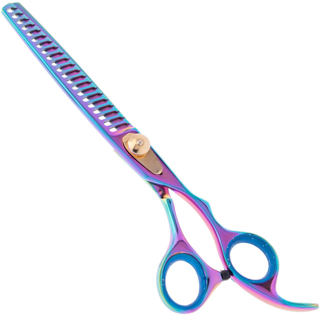 Geib Gold Rainbow Kiss Chunker - high-quality single-sided thinning shears with a rainbow finish, 21 teeth.