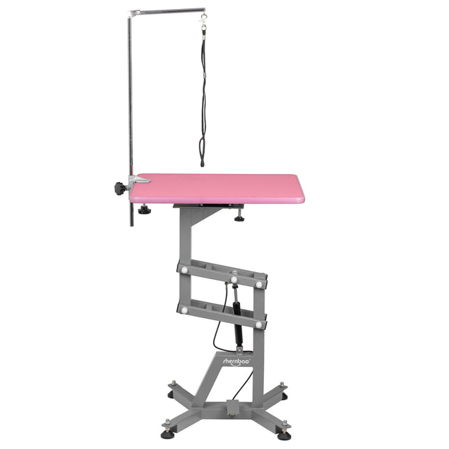 Shernbao Air Lifting Grooming Table - grooming table with pneumatic lift, pink top.