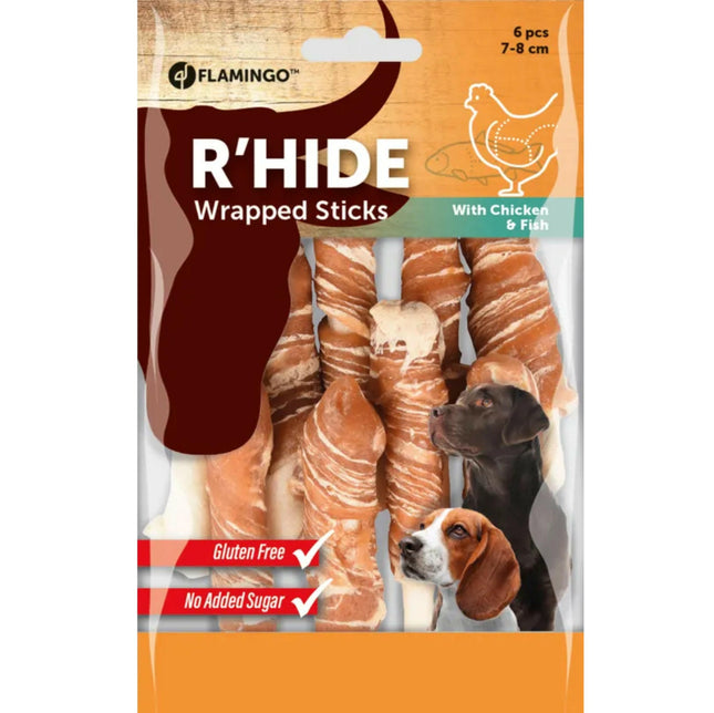 Flamingo Wrapped R'hide Sticks Chicken & Fish - aromatic treats for dogs with chicken and cod.