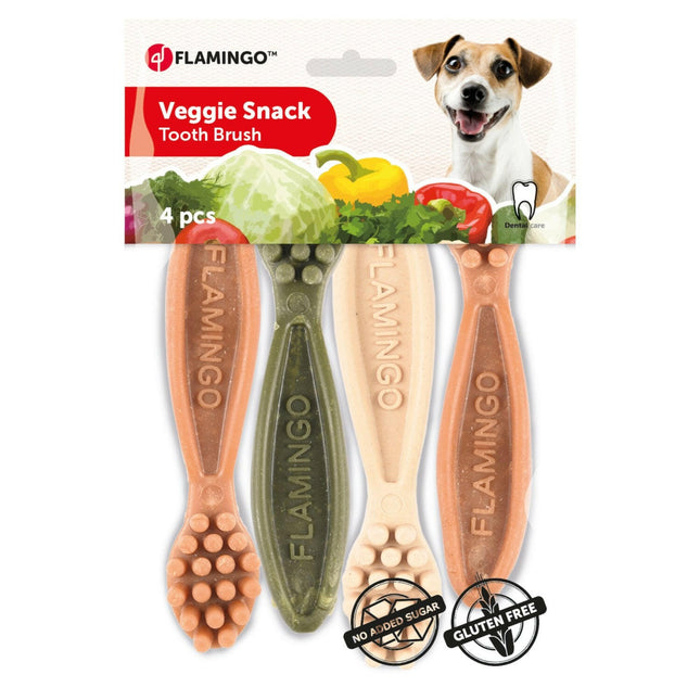 Flamingo Veggie Snacks - dog chews in the shape of a toothbrush.