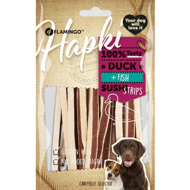 Flamingo Hapki Duck Fish Sushi Strips - soft treats for dogs, duck and pollock.