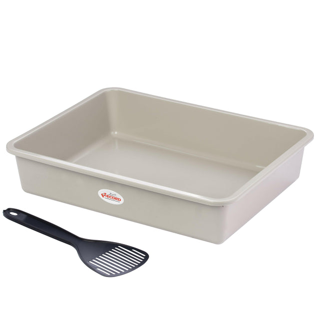 Basic Cat Litter Box - open litter box for cats, with scoop - Gray - Beige.