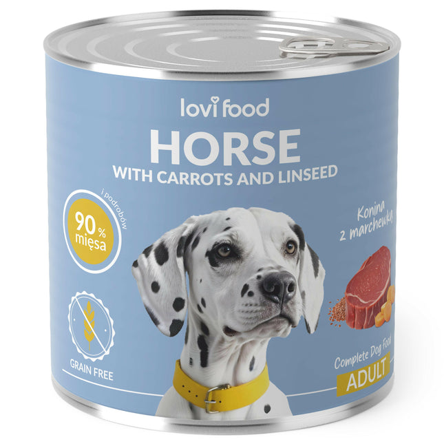 Lovi Food Horse with Carrots and Linseed - wet food for dogs, with horse meat, carrots, and linseed.