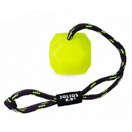 Julius K9 Fluorescent Ball - fluorescent toy with a rope and a treat opening.