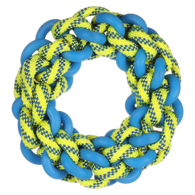 Flamingo Knotted Ring - braided tug toy for dogs, blue - yellow.