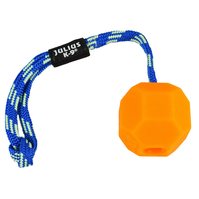 Julius K9 Fluorescent Ball - fluorescent toy with a rope and a treat opening.