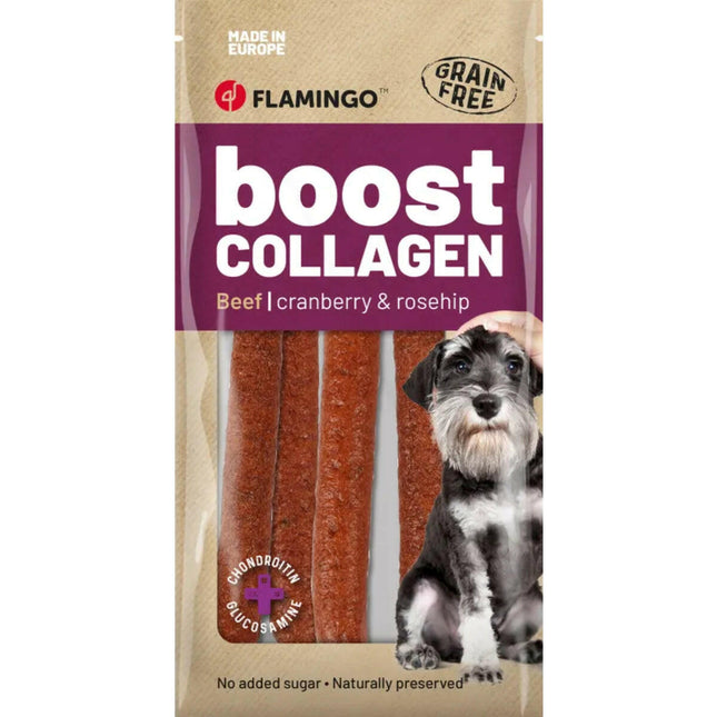 Flamingo Boost Sausage With Beef & Collagen 600g - sausage for dogs, collagen treat with beef, 6 pieces.