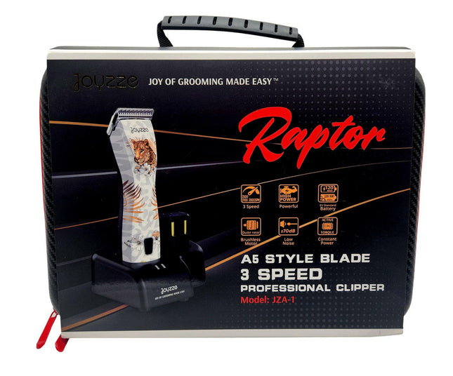 Joyzze Raptor Pro Cordless - professional, running cordless clipper with 1 battery, case, and blade.