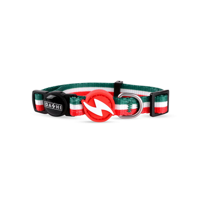 Dashi Stripes Green & Red Cat Collar - green and red striped collar for cats.